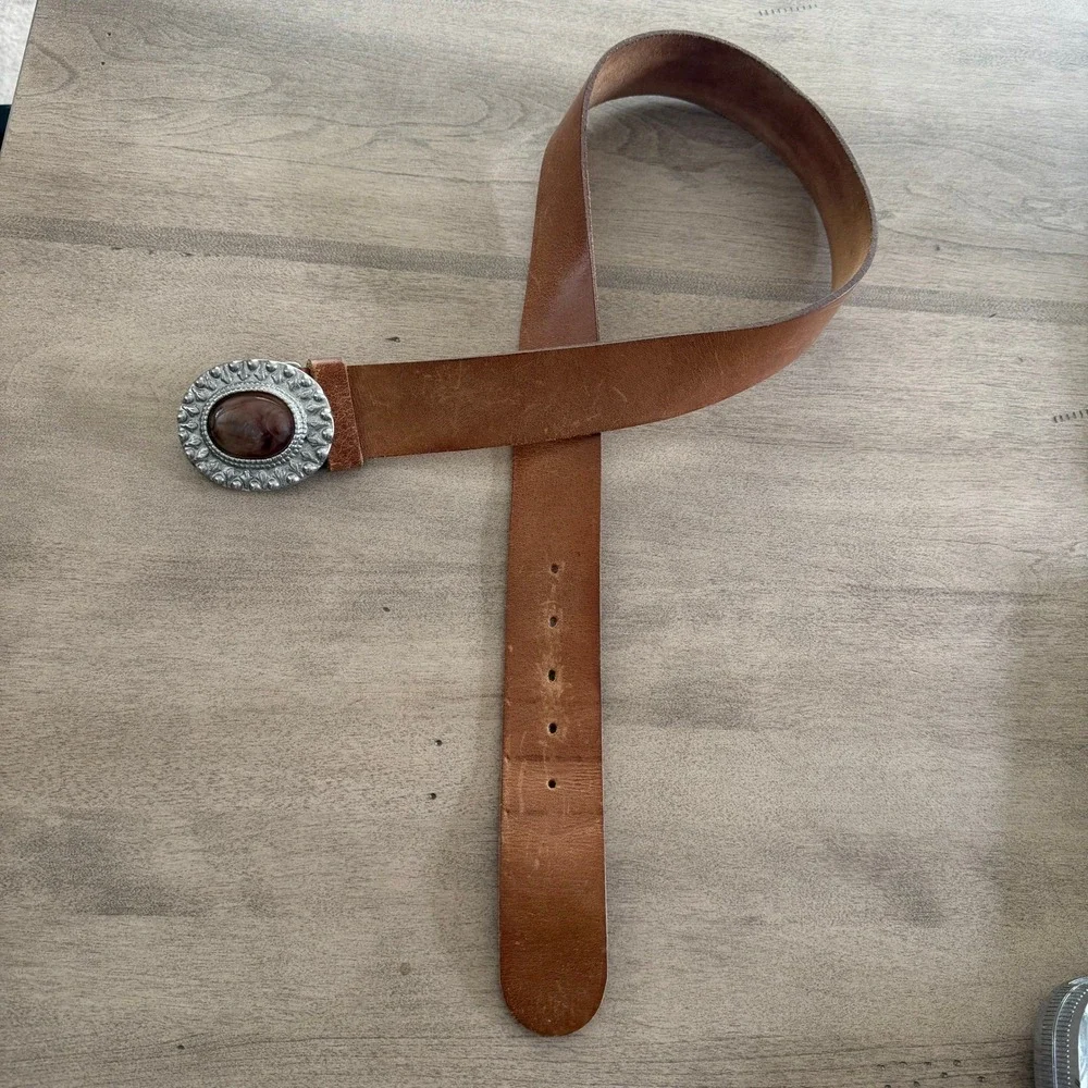 Vintage Brazilian Leather Belt Silvertone Oval Buckle Agate Stone Tan Western L